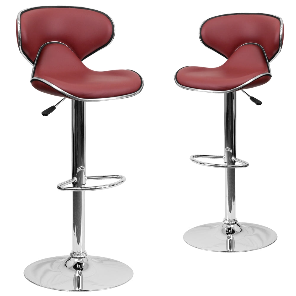 2 Pk. Contemporary Cozy Mid-Back Burgundy Vinyl Adjustable Height Barstool with Chrome Base