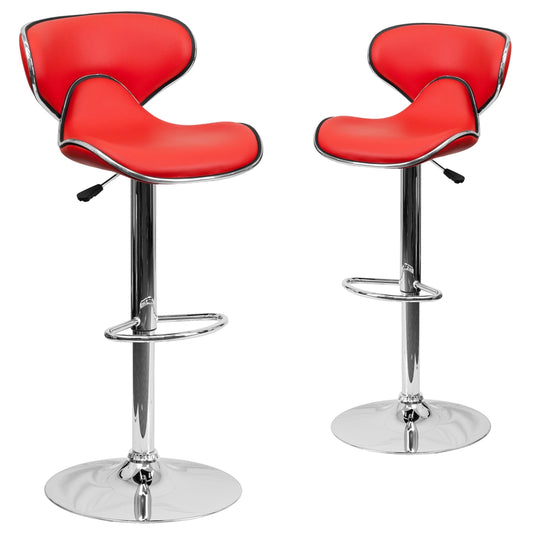 2 Pk. Contemporary Cozy Mid-Back Red Vinyl Adjustable Height Barstool with Chrome Base