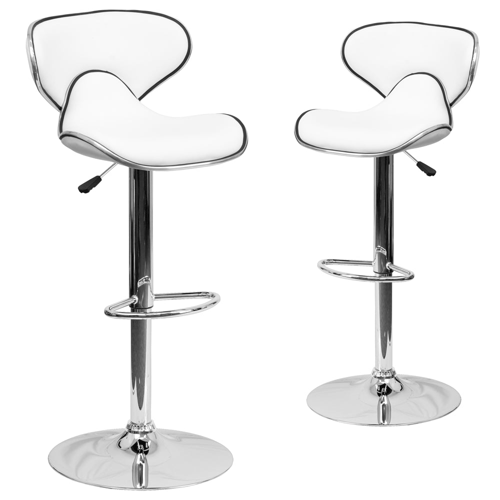 2 Pk. Contemporary Cozy Mid-Back White Vinyl Adjustable Height Barstool with Chrome Base