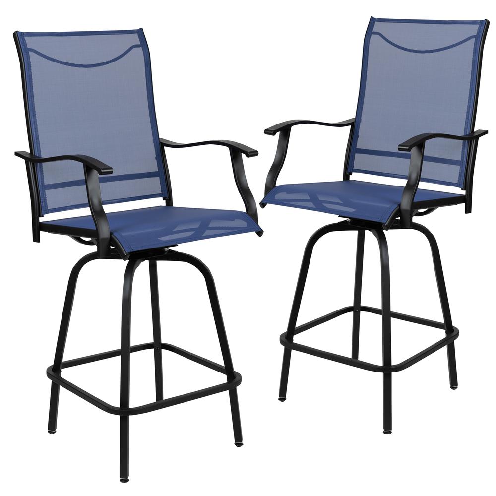 Patio Bar Height Stools Set of 2, All-Weather Textilene Swivel Patio Stools and Deck Chairs with High Back & Armrests in Navy