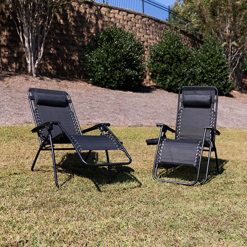 Adjustable Folding Mesh Zero Gravity Reclining Lounge Chair with Pillow and Cup Holder Tray in Black, Set of 2