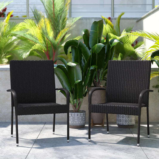 Maxim Set of 2 Stackable Indoor/Outdoor Wicker Dining Chairs with Arms - Fade & Weather-Resistant Steel Frames - Black