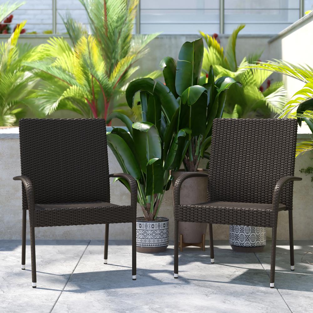 Maxim Set of 2 Stackable Indoor/Outdoor Wicker Dining Chairs with Arms - Fade & Weather-Resistant Steel Frames - Espresso