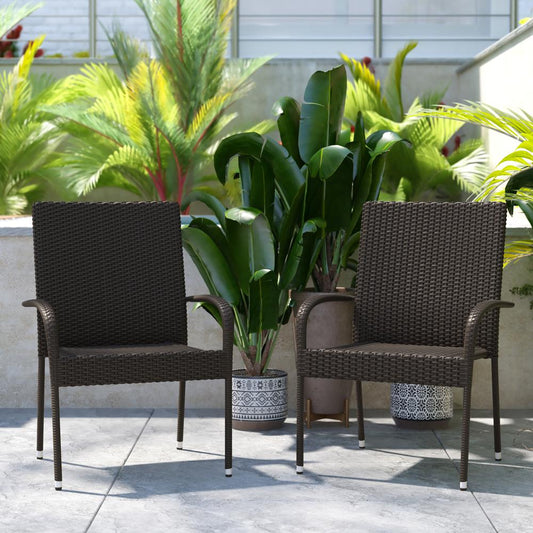 Maxim Set of 2 Stackable Indoor/Outdoor Wicker Dining Chairs with Arms - Fade & Weather-Resistant Steel Frames - Espresso