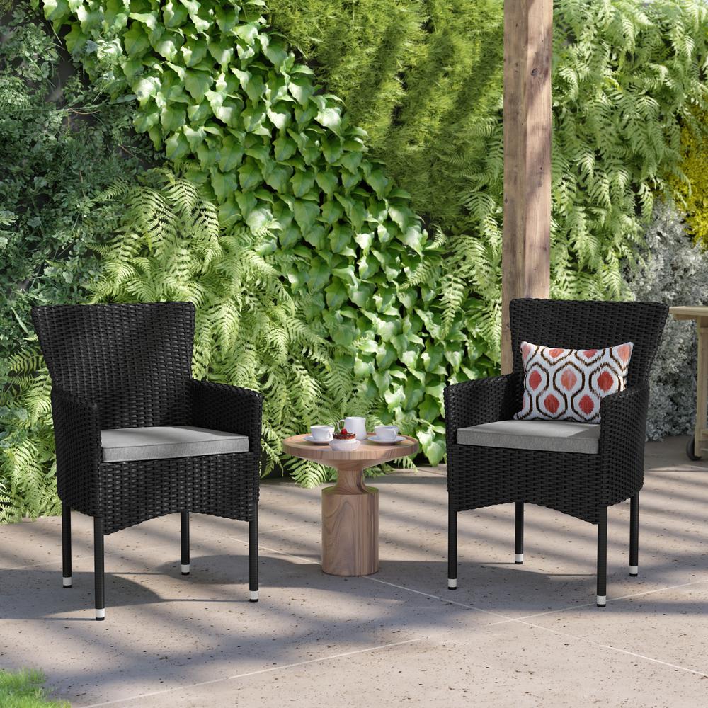 Maxim Modern Black Wicker Patio Armchairs for Deck or Backyard, Fade and Weather-Resistant Frames and Gray Cushions-Set of 2