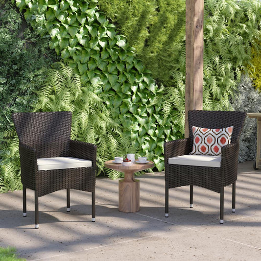 Maxim Modern Espresso Wicker Patio Armchairs for Deck or Backyard, Fade and Weather-Resistant Frames and Cream Cushions-Set of 2