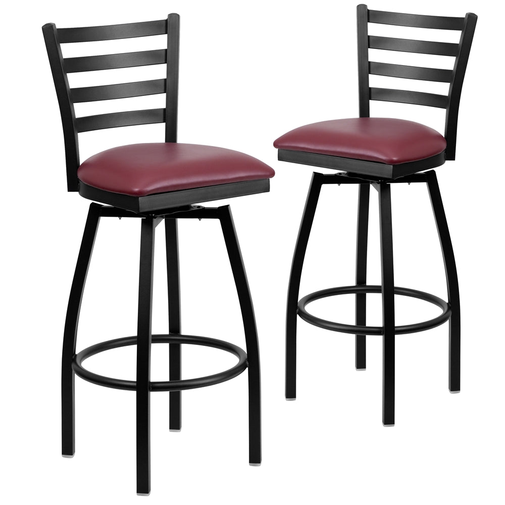 2 Pk. HERCULES Series Black Ladder Back Swivel Metal Barstool - Burgundy Vinyl Seat