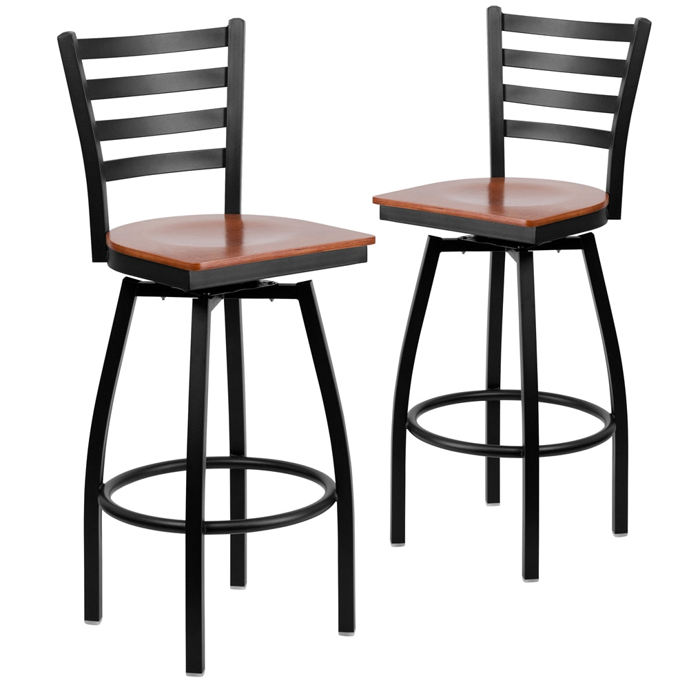 2 Pk. HERCULES Series Black Ladder Back Swivel Metal Barstool - Cherry Wood Seat