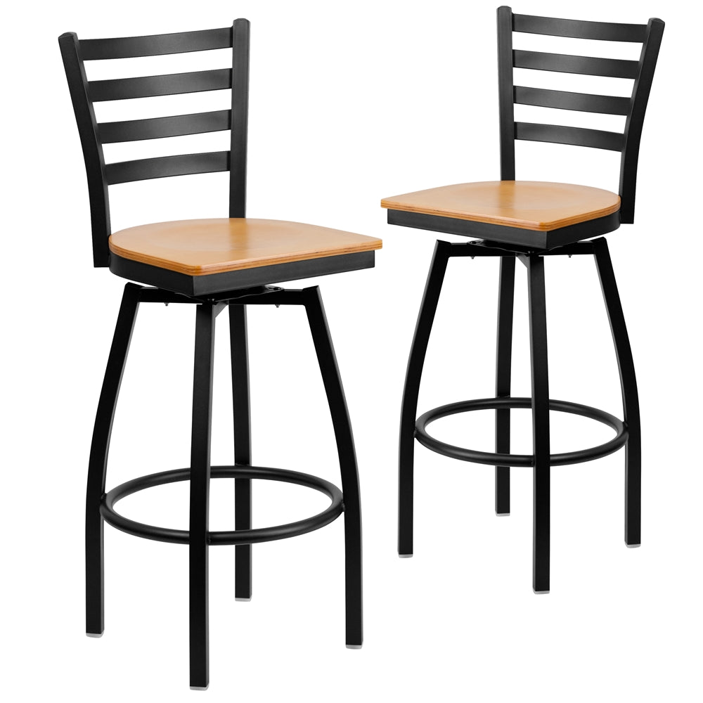 2 Pk. HERCULES Series Black Ladder Back Swivel Metal Barstool - Natural Wood Seat