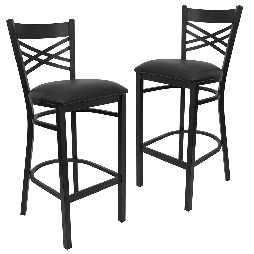 2 Pk. HERCULES Series Black ''X'' Back Metal Restaurant Barstool - Black Vinyl Seat