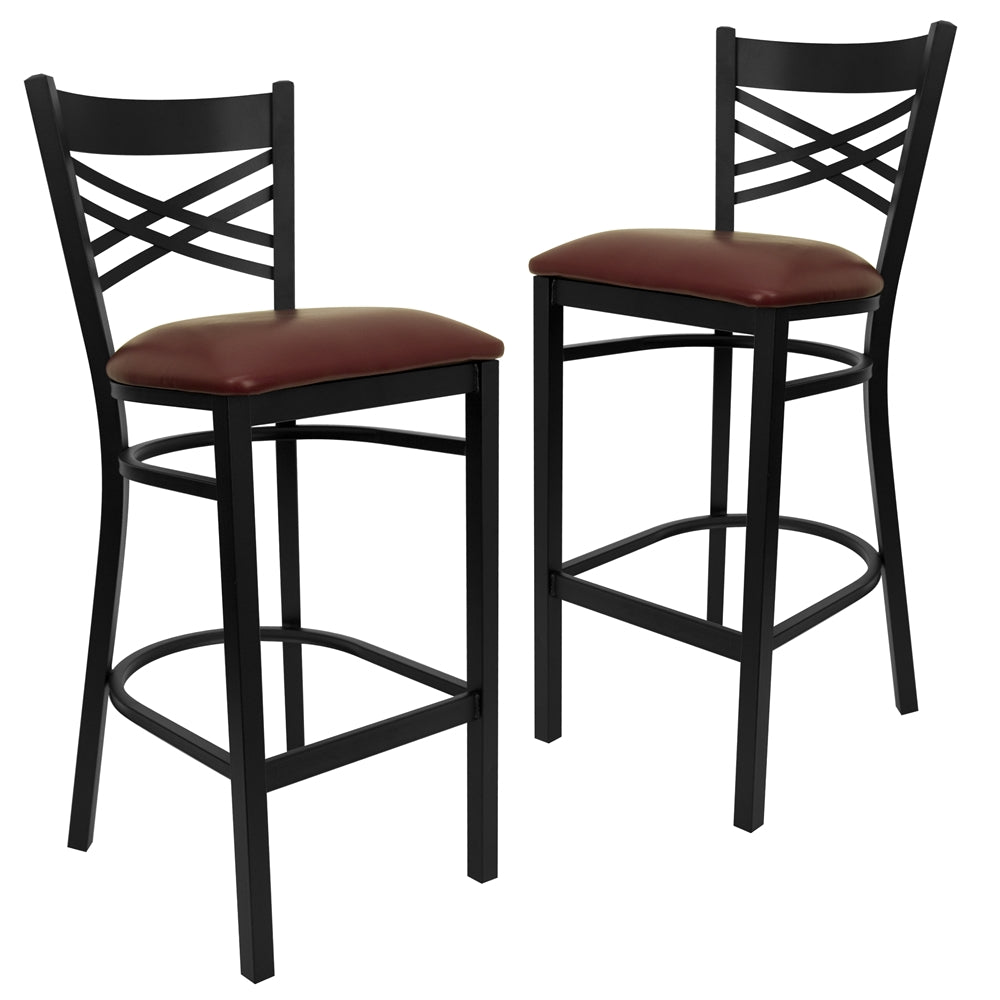 2 Pk. HERCULES Series Black ''X'' Back Metal Restaurant Barstool - Burgundy Vinyl Seat