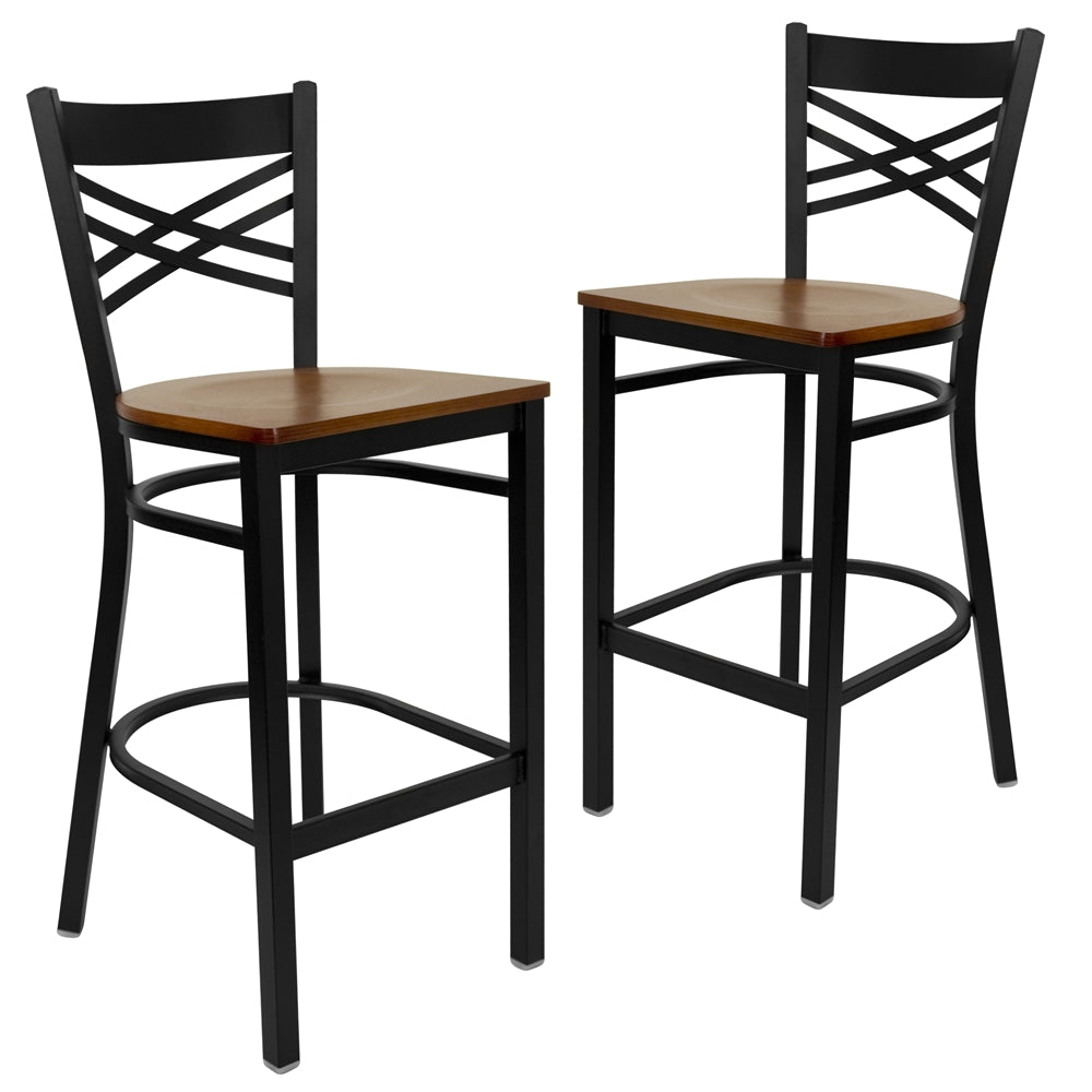 2 Pk. HERCULES Series Black ''X'' Back Metal Restaurant Barstool - Cherry Wood Seat