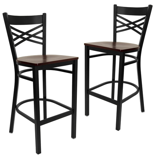 2 Pk. HERCULES Series Black ''X'' Back Metal Restaurant Barstool - Mahogany Wood Seat