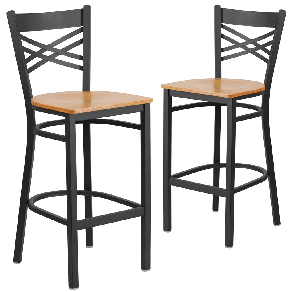 2 Pk. HERCULES Series Black ''X'' Back Metal Restaurant Barstool - Natural Wood Seat