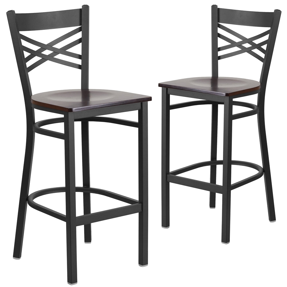 2 Pk. HERCULES Series Black ''X'' Back Metal Restaurant Barstool - Walnut Wood Seat