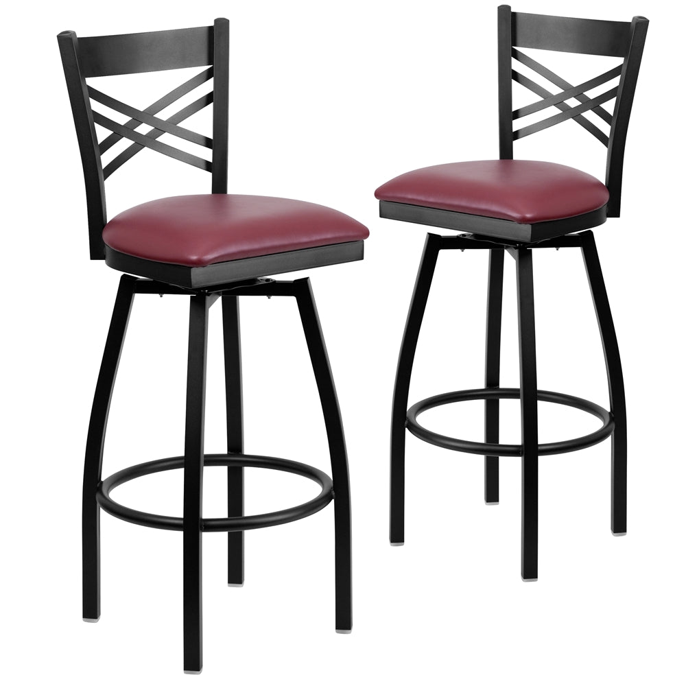 2 Pk. HERCULES Series Black ''X'' Back Swivel Metal Barstool - Burgundy Vinyl Seat