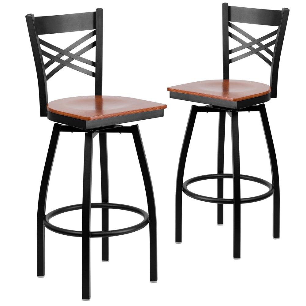 2 Pk. HERCULES Series Black ''X'' Back Swivel Metal Barstool - Cherry Wood Seat