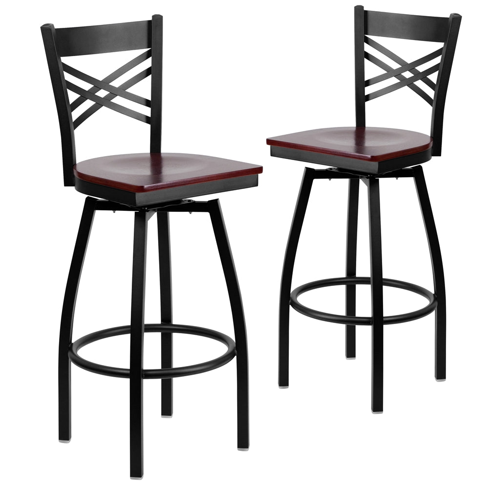 2 Pk. HERCULES Series Black ''X'' Back Swivel Metal Barstool - Mahogany Wood Seat