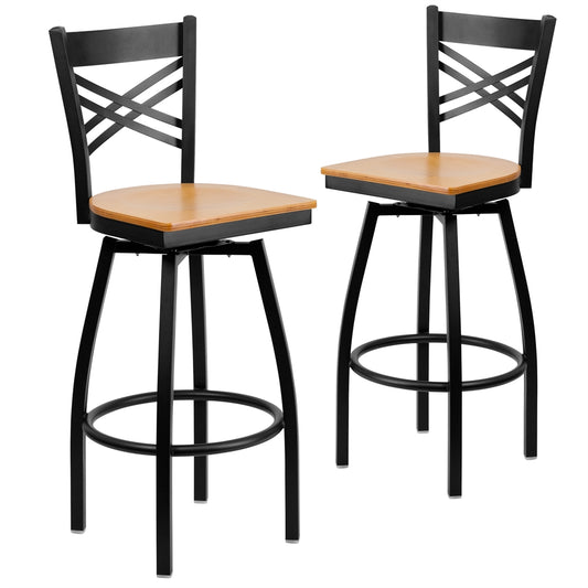 2 Pk. HERCULES Series Black ''X'' Back Swivel Metal Barstool - Natural Wood Seat