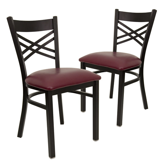 2 Pk. HERCULES Series Black ''X'' Back Metal Restaurant Chair - Burgundy Vinyl Seat