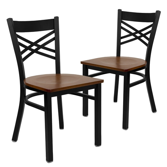 2 Pk. HERCULES Series Black ''X'' Back Metal Restaurant Chair - Cherry Wood Seat