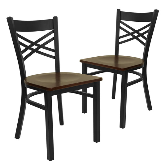 2 Pk. HERCULES Series Black ''X'' Back Metal Restaurant Chair - Mahogany Wood Seat