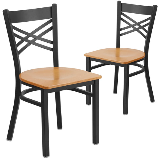 2 Pk. HERCULES Series Black ''X'' Back Metal Restaurant Chair - Natural Wood Seat