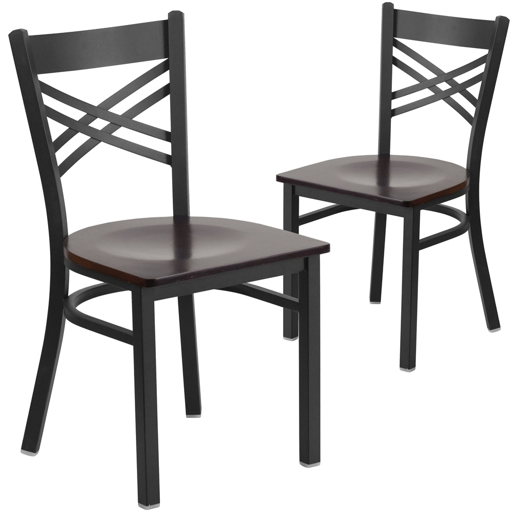 2 Pk. HERCULES Series Black ''X'' Back Metal Restaurant Chair - Walnut Wood Seat