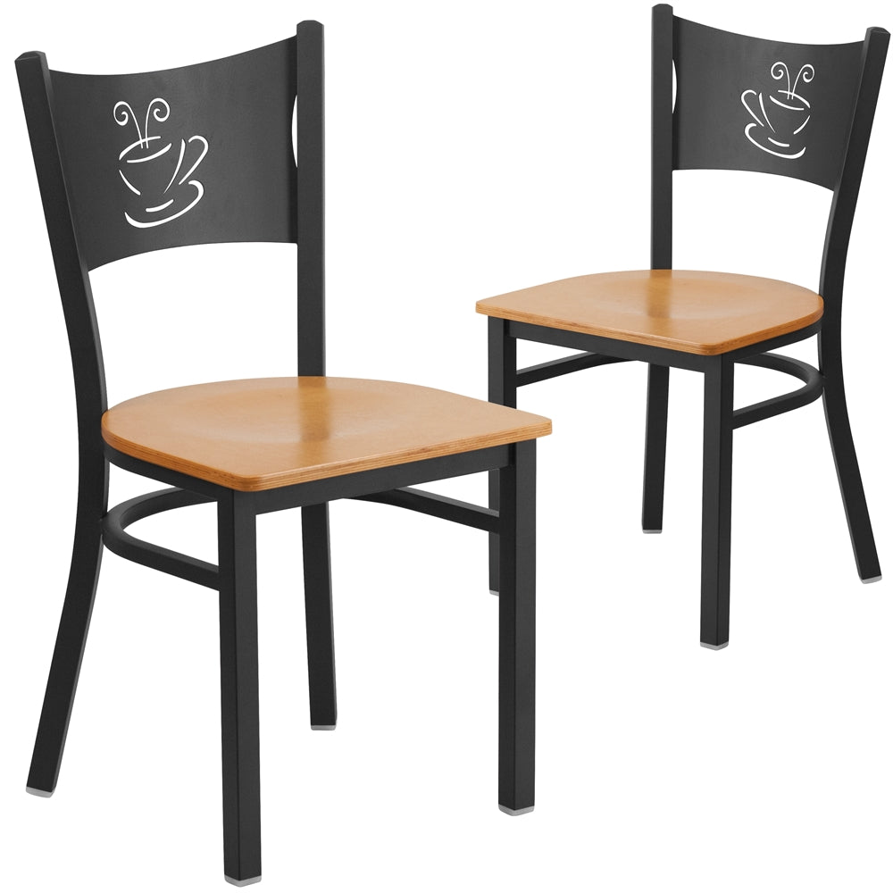 2 Pk. HERCULES Series Black Coffee Back Metal Restaurant Chair - Natural Wood Seat