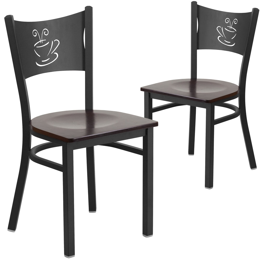 2 Pk. HERCULES Series Black Coffee Back Metal Restaurant Chair - Walnut Wood Seat