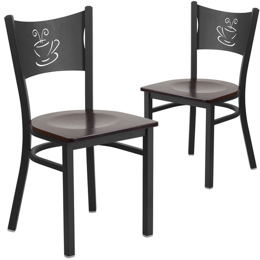 2 Pk. HERCULES Series Black Coffee Back Metal Restaurant Chair - Walnut Wood Seat