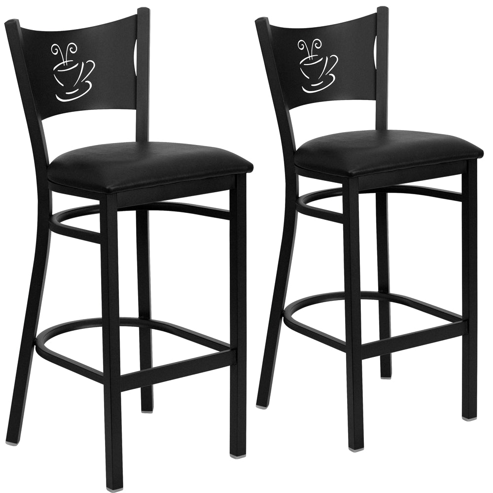 2 Pk. HERCULES Series Black Coffee Back Metal Restaurant Barstool - Black Vinyl Seat