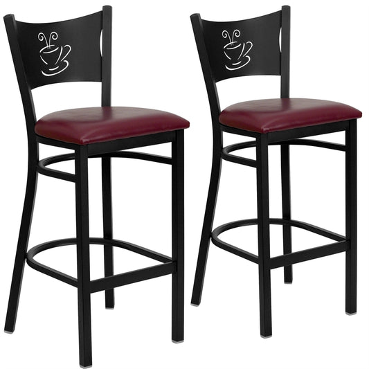 2 Pk. HERCULES Series Black Coffee Back Metal Restaurant Barstool - Burgundy Vinyl Seat