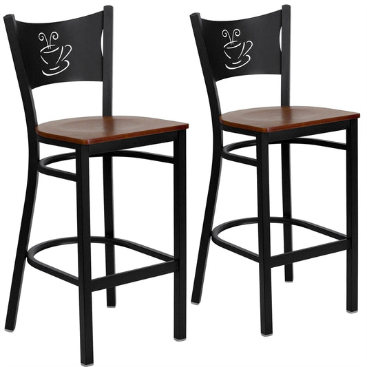 2 Pk. HERCULES Series Black Coffee Back Metal Restaurant Barstool - Cherry Wood Seat