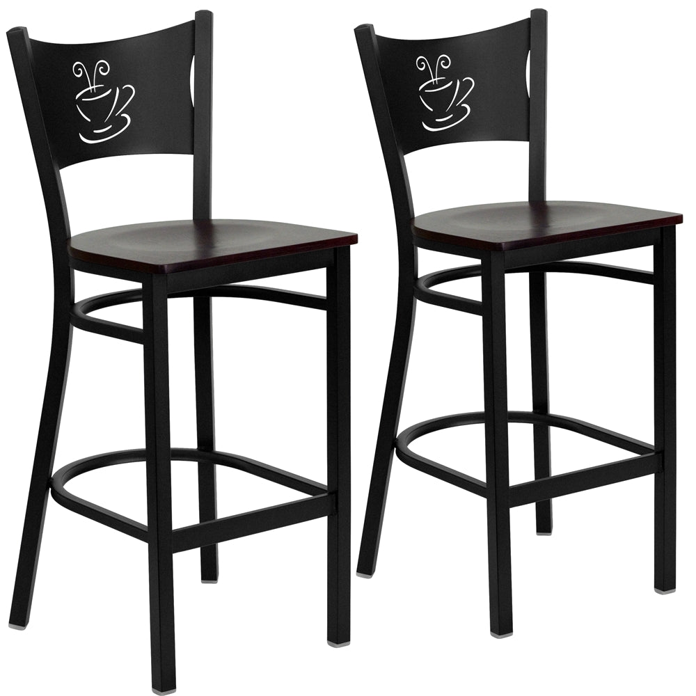 2 Pk. HERCULES Series Black Coffee Back Metal Restaurant Barstool - Mahogany Wood Seat