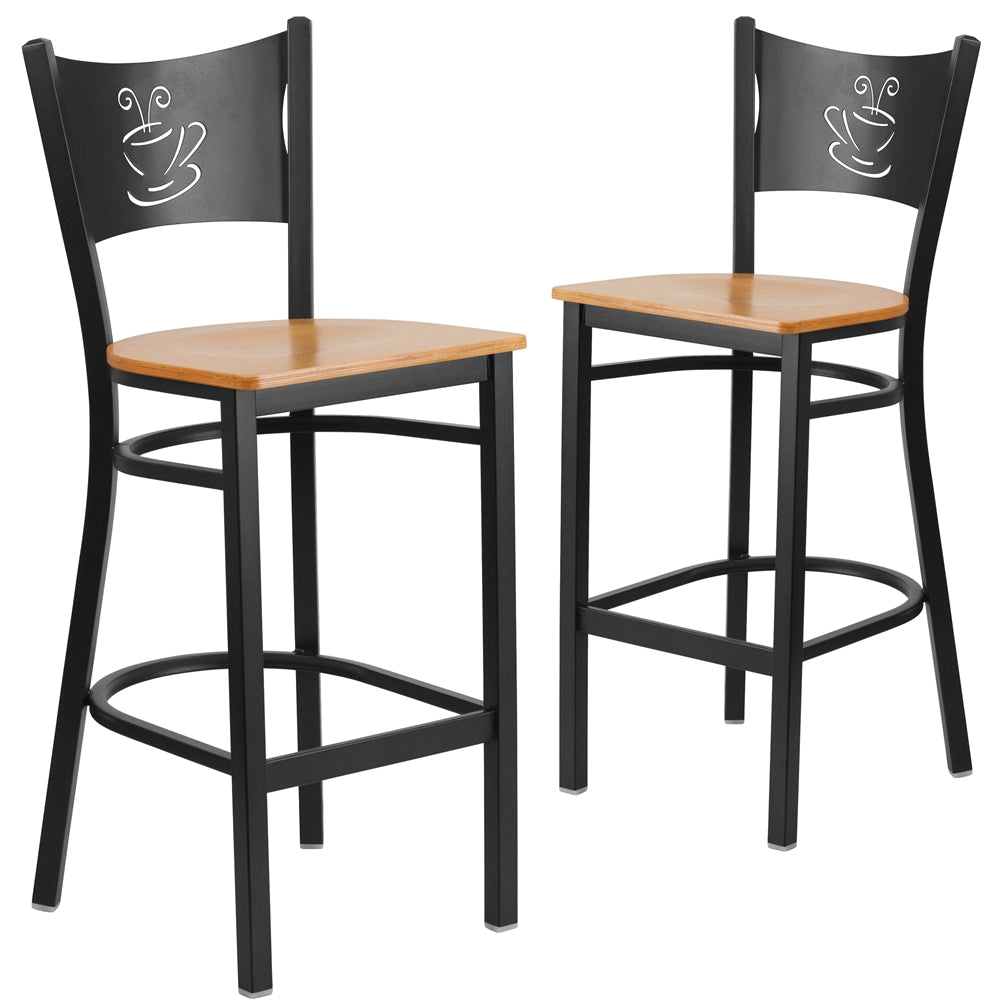 2 Pk. HERCULES Series Black Coffee Back Metal Restaurant Barstool - Natural Wood Seat