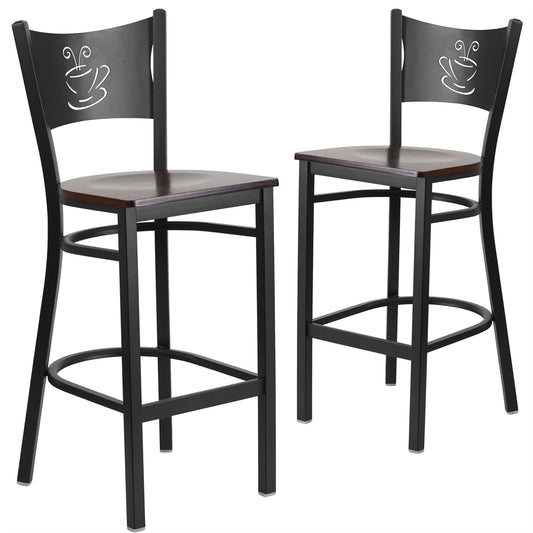 2 Pk. HERCULES Series Black Coffee Back Metal Restaurant Barstool - Walnut Wood Seat