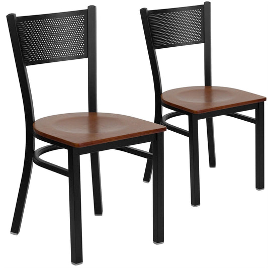 2 Pk. HERCULES Series Black Grid Back Metal Restaurant Chair - Cherry Wood Seat