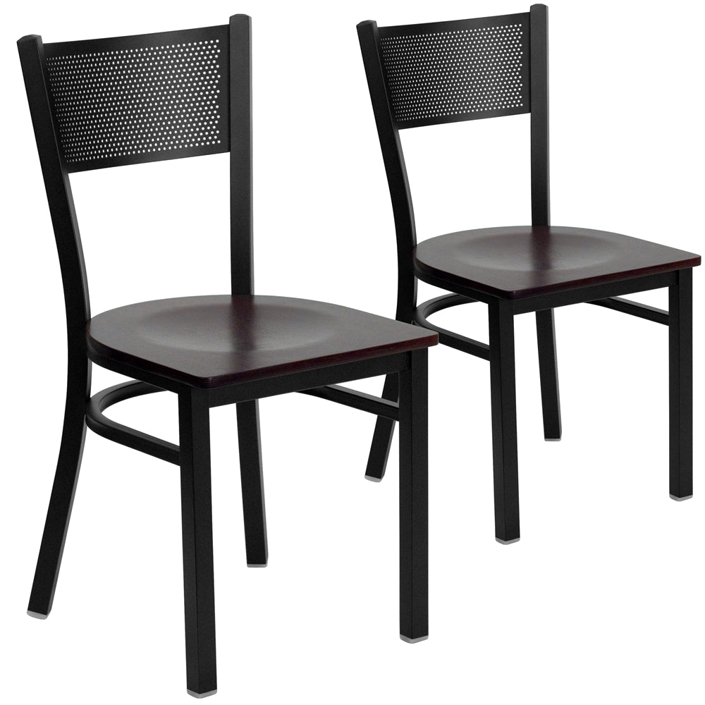 2 Pk. HERCULES Series Black Grid Back Metal Restaurant Chair - Mahogany Wood Seat