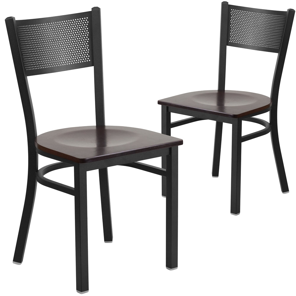 2 Pk. HERCULES Series Black Grid Back Metal Restaurant Chair - Walnut Wood Seat