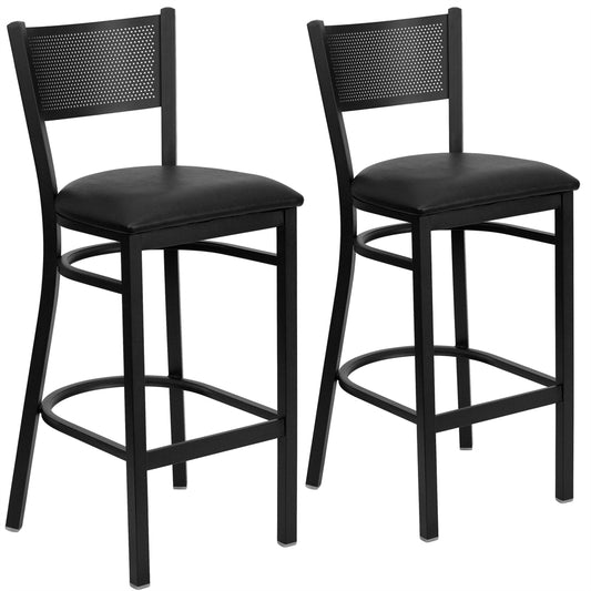 2 Pk. HERCULES Series Black Grid Back Metal Restaurant Barstool - Black Vinyl Seat