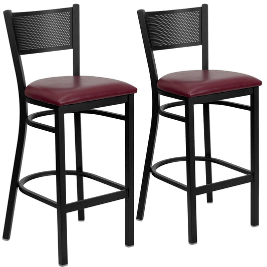 2 Pk. HERCULES Series Black Grid Back Metal Restaurant Barstool - Burgundy Vinyl Seat