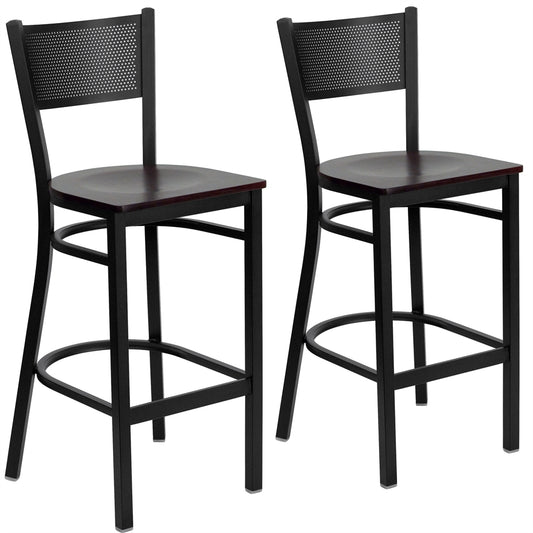 2 Pk. HERCULES Series Black Grid Back Metal Restaurant Barstool - Mahogany Wood Seat