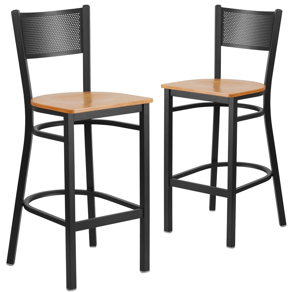 2 Pk. HERCULES Series Black Grid Back Metal Restaurant Barstool - Natural Wood Seat