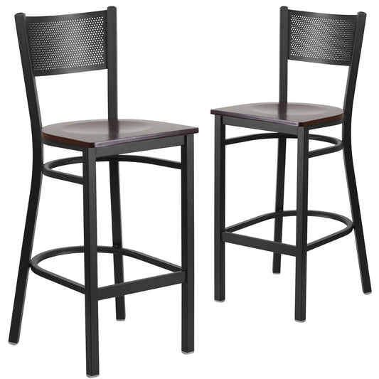 2 Pk. HERCULES Series Black Grid Back Metal Restaurant Barstool - Walnut Wood Seat