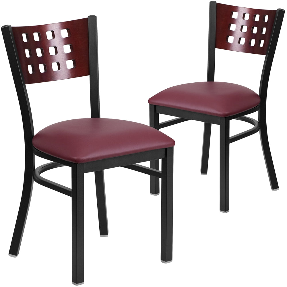 2 Pk. HERCULES Series Black Decorative Cutout Back Metal Restaurant Chair - Mahogany Wood Back, Burgundy Vinyl Seat