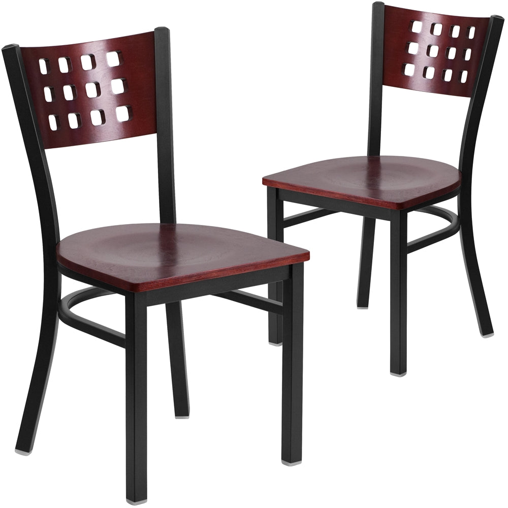 2 Pk. HERCULES Series Black Decorative Cutout Back Metal Restaurant Chair - Mahogany Wood Back & Seat