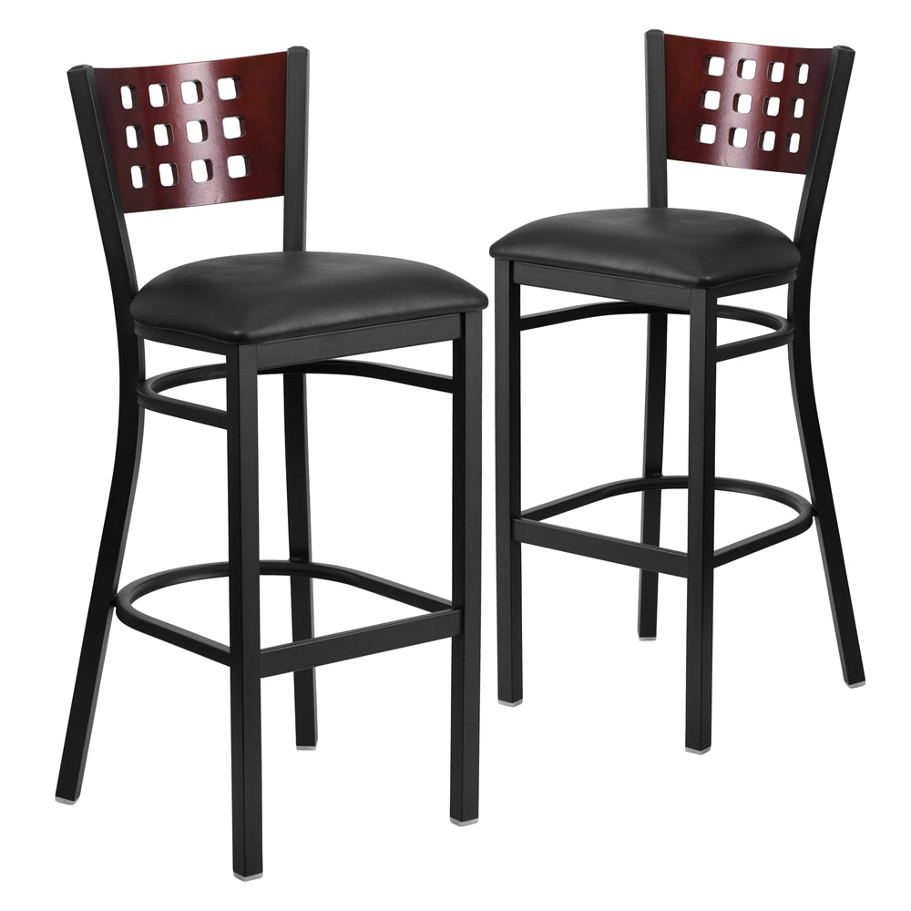 2 Pk. HERCULES Series Black Decorative Cutout Back Metal Restaurant Barstool - Mahogany Wood Back, Black Vinyl Seat