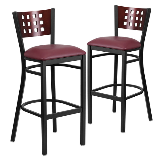 2 Pk. HERCULES Series Black Decorative Cutout Back Metal Restaurant Barstool - Mahogany Wood Back, Burgundy Vinyl Seat