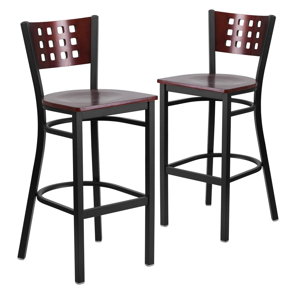 2 Pk. HERCULES Series Black Decorative Cutout Back Metal Restaurant Barstool - Mahogany Wood Back & Seat